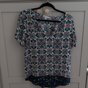 DR2 Women's Blouse with Geometric Floral Pattern - Blue and Orange